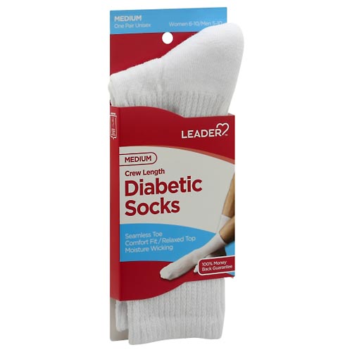 Image for Leader Diabetic Socks, Crew Length, White, Unisex, Medium,1pr from Inovia Pharmacy