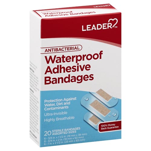 Image for Leader Adhesive Bandages, Antibacterial, Waterproof, Assorted Sizes,20ea from Inovia Pharmacy