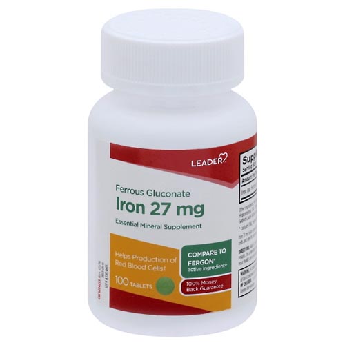 Image for Leader Ferrous Gluconate, Iron 27 mg, Tablets,100ea from Inovia Pharmacy