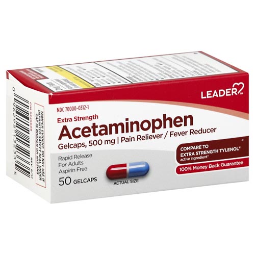 Image for Leader Acetaminophen, Extra Strength, 500 mg, Gelcaps,50ea from Inovia Pharmacy