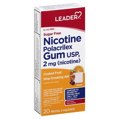 Image for Leader Nicotine Gum, Sugar Free, 2 mg, Stop Smoking Aid, Coated Fruit,20ea from Inovia Pharmacy