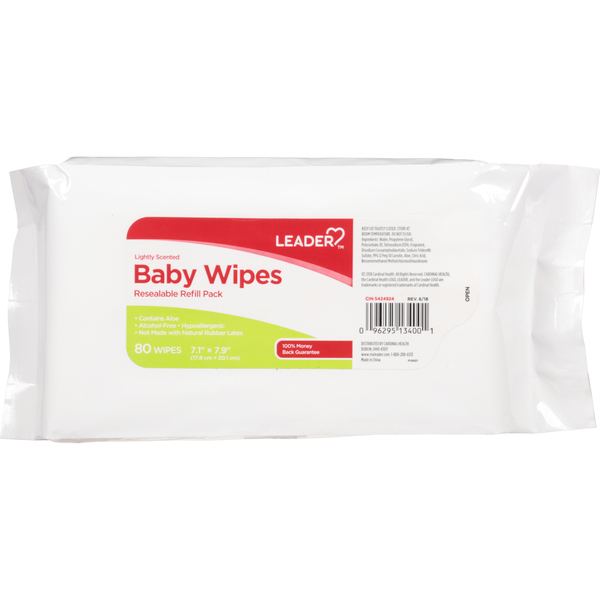 Image for Leader Baby Wipes, Lightly Scented, Resealable, Refill Pack, 80ea from Inovia Pharmacy